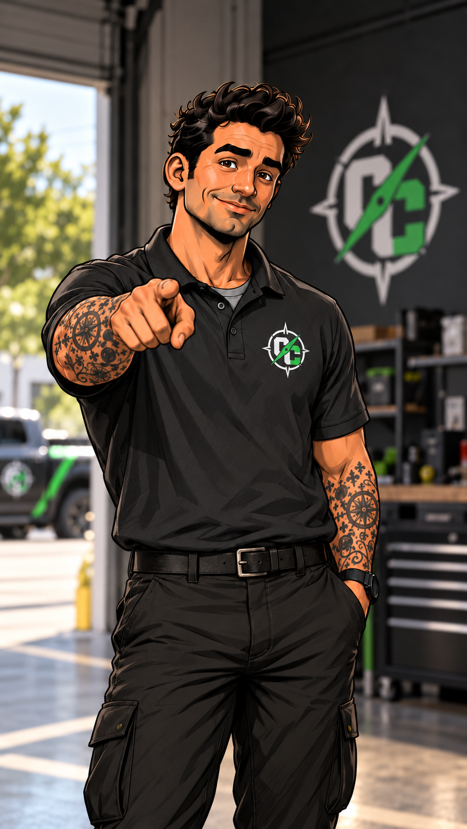 Chance, the fictional host of The Comeback Closer, wearing his black Comeback Closer polo shirt