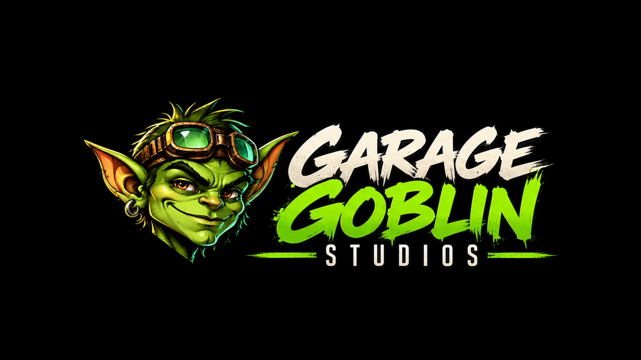 Garage Goblin Studios: the goblin mascot beside the white and green studio wordmark