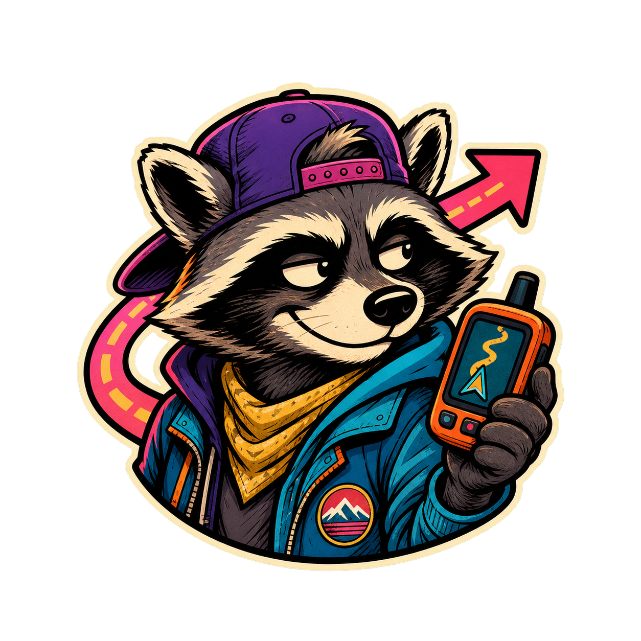 SideQuest raccoon mascot with a purple cap and navigation device